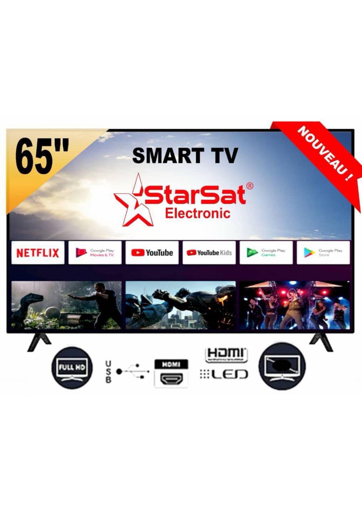 Smart TV wifi LED 65 pouces, 4K Ultra HD Android, Bluetooth eShare STARSAT